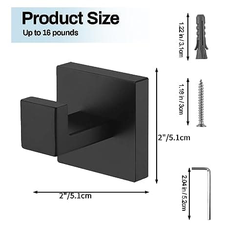 Kruodop Black Matte Square Stainless Steel Towel Hooks, 4 PCS Wall Mount for Bathroom, Kitchen, Bedroom