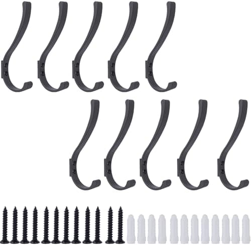 10-Pack Metal Hanging Coat Hooks, Wall Mount, Heavy Duty Screws — Gray