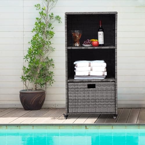 Kinfant Waterproof PE Rattan Towel Rack with Rolling Wheels, 2 Shelves, 1 Drawer, for Pool Patio