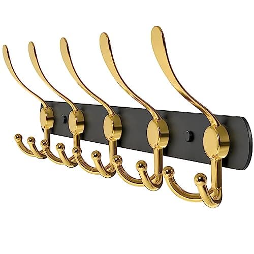 Heavy Duty Black Stainless Steel Coat Rack - 16 Inch Wall Mount - 5 Hooks — Black + Gold
