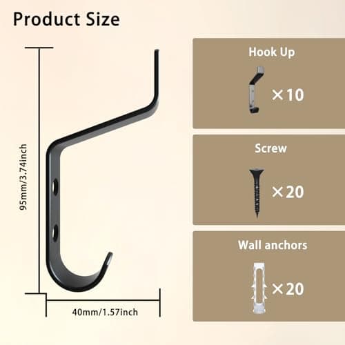 10PCS Heavy Duty Black Metal Wall Hooks for Coat, Towel & Hat Hangers with 20 Screws