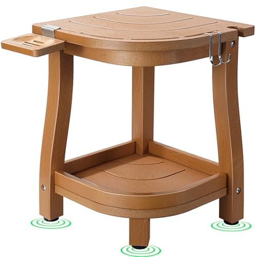 ETECHMART Waterproof Corner Shower Stool with Storage, Teak Finish for Legs Shaving