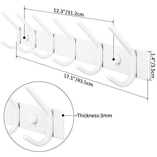 Wall Mounted Coat Rack with 6 Hooks, White, 2 Packs
