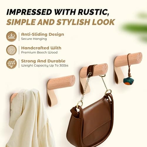Natural Wood Wall Hooks, 4 Pack Heavy Duty Hat & Towel Hangers
