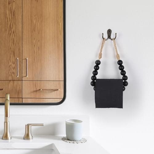OCIOLI Black Natural Wood Bead Toilet Paper Holder Wall Mount Bathroom Towel Holder