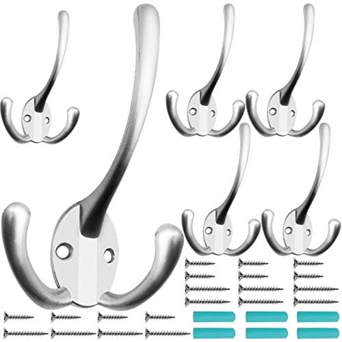 Retro Double Utility Rustic Hooks for Thick Coats and Bags (6 Pack) — Matte Nickel