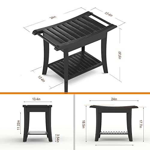 Bamboo Waterproof Shower Bench with Storage for Legs & Spa Baths (Black)