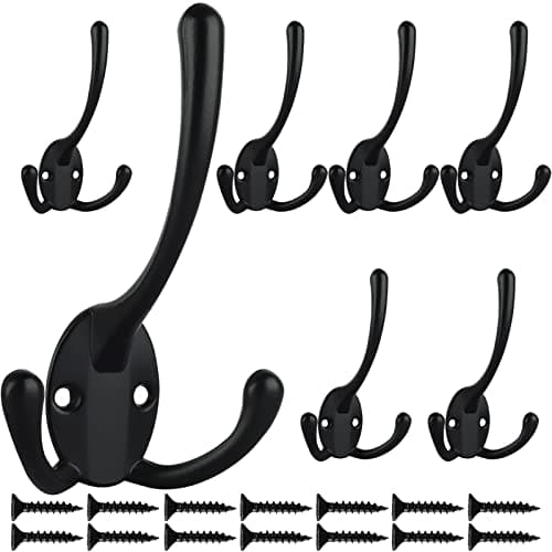 Heavy Duty Triple Coat Hooks Wall Mounted - Set of 14 with Screws, Black - Utility Hooks for Coat, Bag, Towel, Umbrella - Retro Style - Rustic Design - Ideal for Home or Office — Black