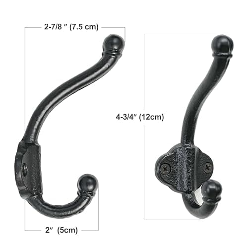 Vintage Bold Antique Black Cast Iron Wall Hooks, Heavy Duty, Pack of 5