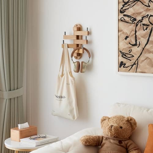 Natural Oak Swivel Coat Rack with 5 Arms for Wall (12") Kitchen Bedroom Bathroom