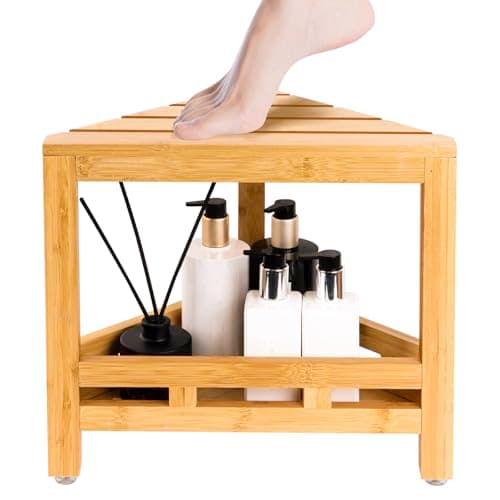 Waterproof White Bamboo Shower Stool with Leg Shaving Storage (13.5 in) — Natural