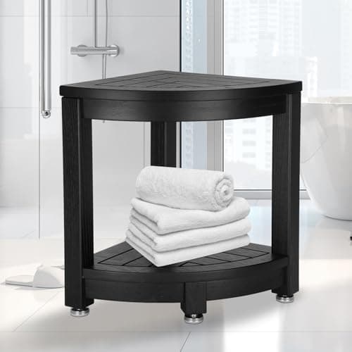 Magam Waterproof Teak Shower Stool with Storage & Non-Slip Feet (Gray) — Black