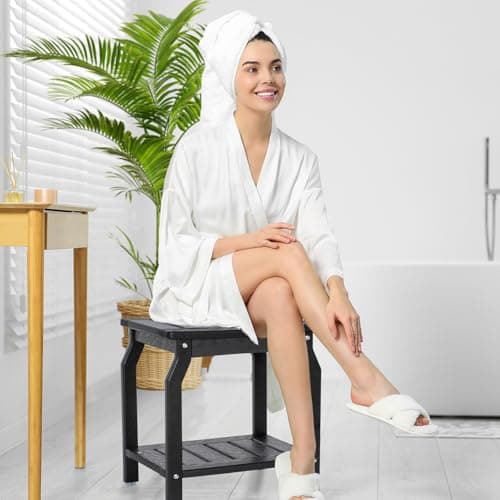 Ergonomic Black HDPE Shower Bench with Storage, Non-Slip Pads for Seniors & Adults
