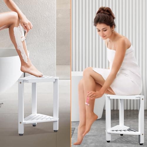 White Acacia Wood Shower Foot Rest with Storage - 15" Stool for Legs