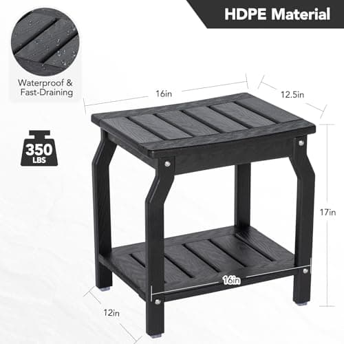 Ergonomic Black HDPE Shower Bench with Storage, Non-Slip Pads for Seniors & Adults