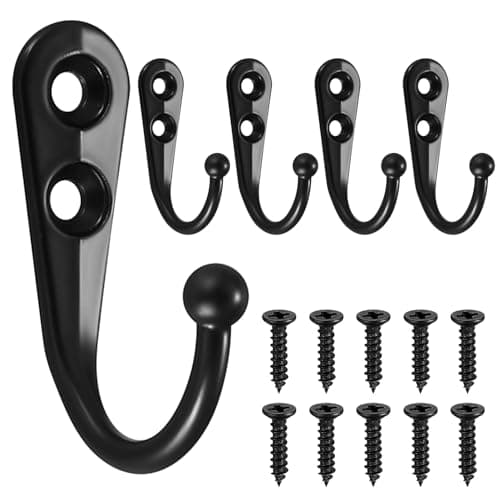10 Pack Black Retro Double Prong Coat Hooks for Hanging Clothes and Accessories — Brown