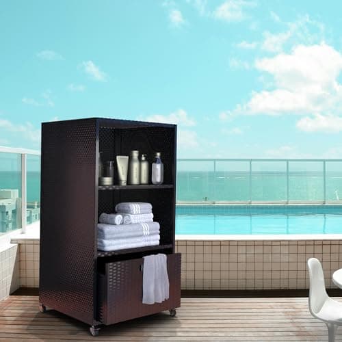 Outdoor Poolside Towel Rack with Rolling Wheels, Brown — Black