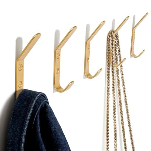 Stylish Black Metal Coat Hooks for Wall - Set of 5 | Modern Decor for Jackets, Towels & Hats — Brass