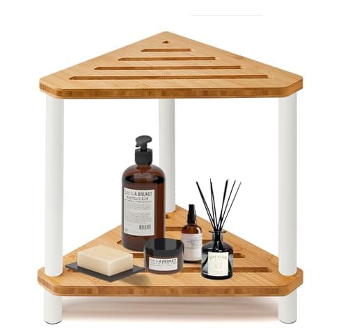 Bamboo Corner Shower Stool with White Metal Legs, Waterproof Storage Shelf