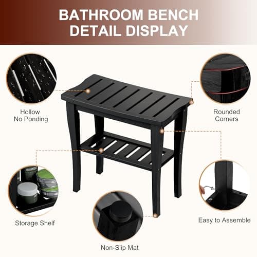 Bamboo Waterproof Shower Bench Stool with Storage, Ideal for Adults & Seniors Indoors or Outdoors