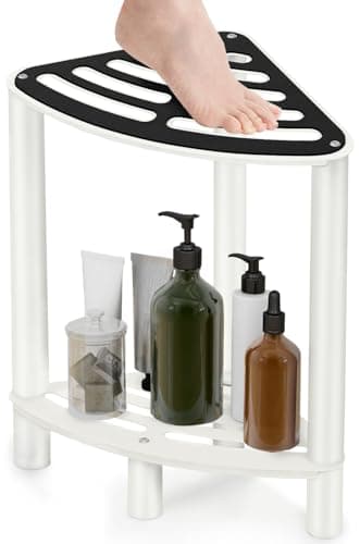 Corner Shower Stool for Shaving Legs, Matte Black Waterproof, Small with Rubber Cushion — Stainless Steel White