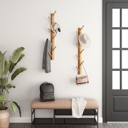 2-Pack Natural Bamboo Wood WallHooks 8-Coat Rack Entryway