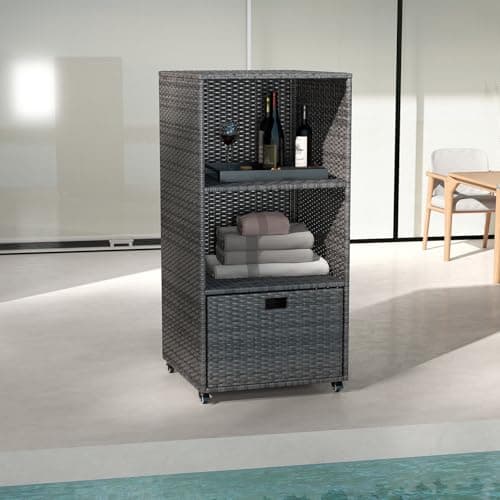 Kinbor PE Rattan Outdoor Pool Towel Storage Cabinet with Shelves & Drawer