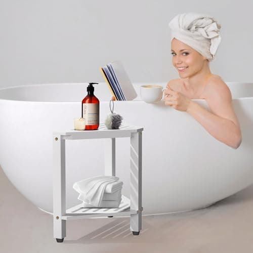 White Acacia Wood Shower Foot Rest with Storage - 15" Stool for Legs