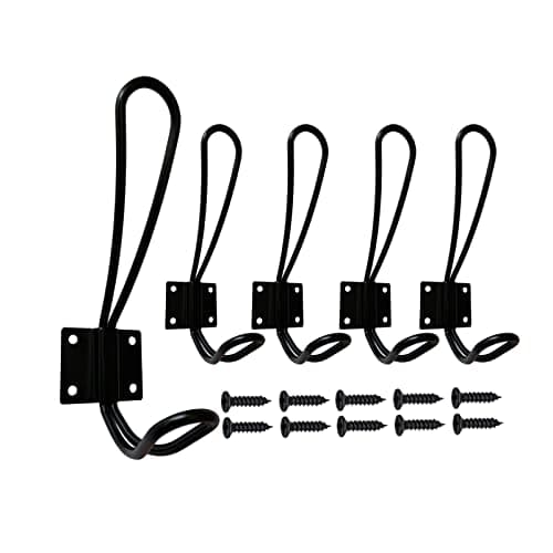 Rustic Black Wire Coat Hooks, 5 Pack Heavy Duty Double Prong Wall Hooks