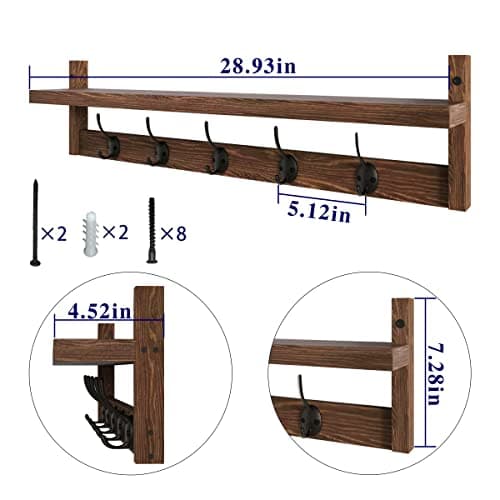 Ambird Brown Wall-Mounted Coat Rack with 5 Hooks and Shelf