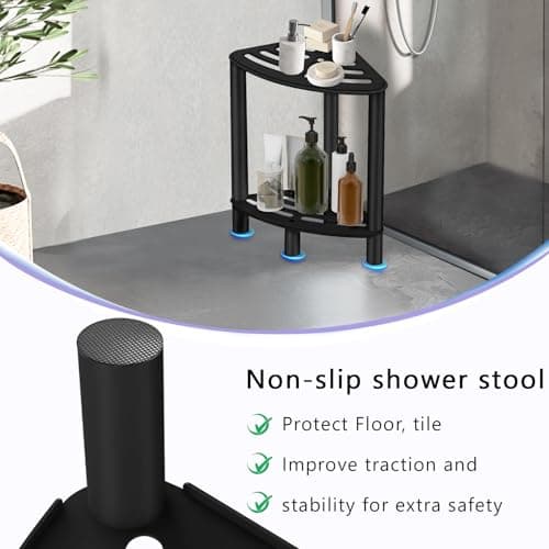 Corner Shower Stool for Shaving Legs, Matte Black Waterproof, Small with Rubber Cushion
