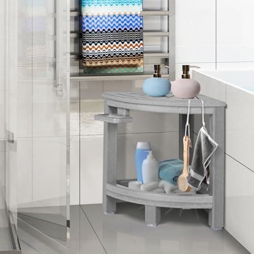 HDPE Non-Slip Grey Corner Shower Stool with Hooks & Soap Dish