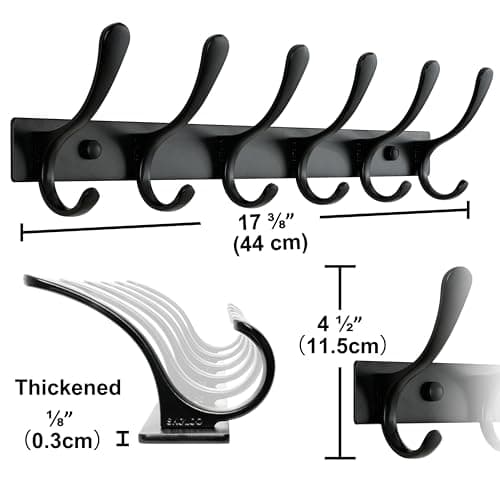 SKOLOO Wall-Mounted Coat Rack - 6 Heavy-Duty Stainless Steel Hooks, Black