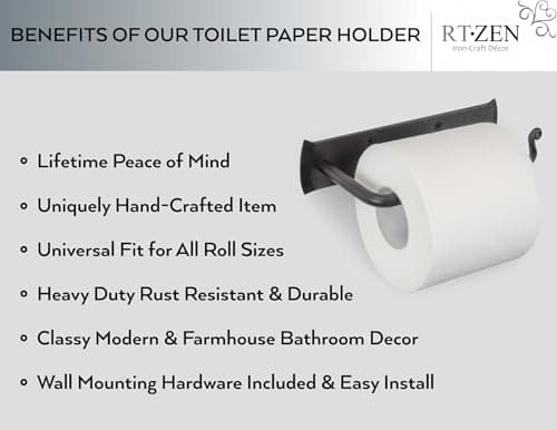 RTZEN Black Matte Wrought Iron Toilet Paper Holder - Modern Farmhouse Bathroom Decor