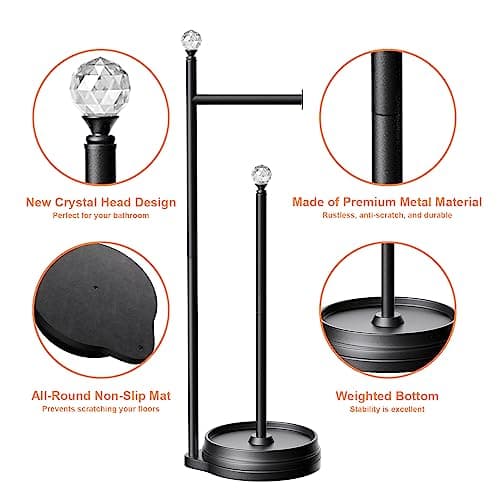 Heavy-Duty Metal-Free Toilet Paper Holder with Crystal Ball, Matte Black Stand