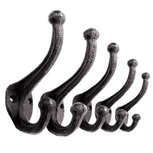 5-Pack Ambipolar Heavy Duty Cast Iron Wall Hooks - Rustic Antique Black for Mudroom and More