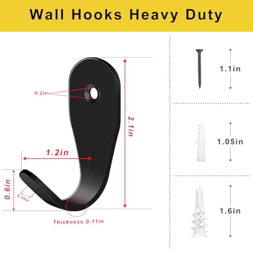 Heavy Duty Black Wall Hooks, 6pcs for Coats, Towels, Bags