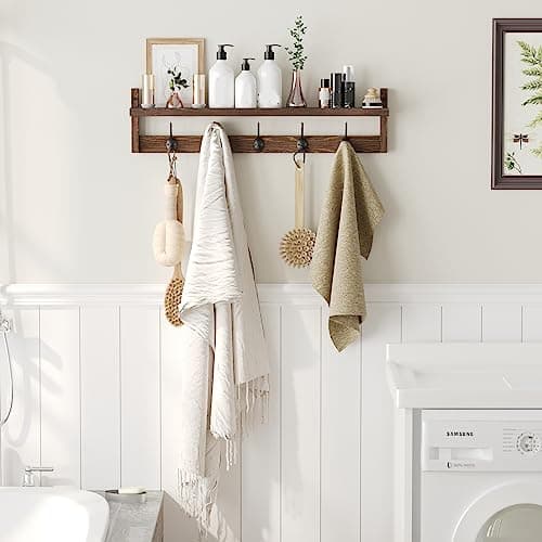 Ambird Brown Wall-Mounted Coat Rack with 5 Hooks and Shelf