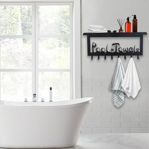 OYEFLY Wall Mount Towel Rack with 8 Hooks & Shelf (Black)