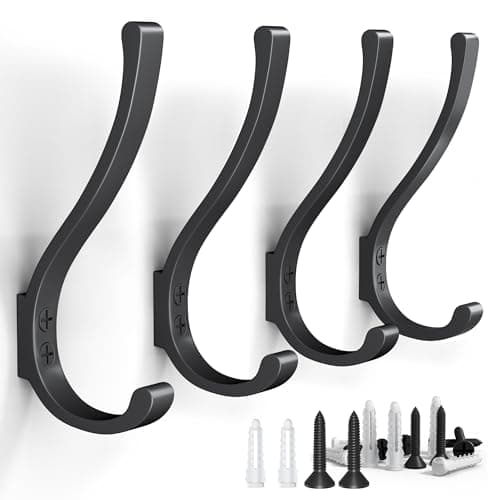4PCS Large Black Coat Hooks, Wall Mount Heavy Duty, Black Wall Hooks for Bags, Bathroom, Mudroom, Entryway