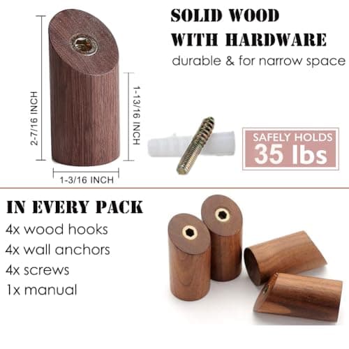 Rustic Walnut Wood Wall Hooks 4 Pack Heavy Duty Coat Hooks (4 Pack)
