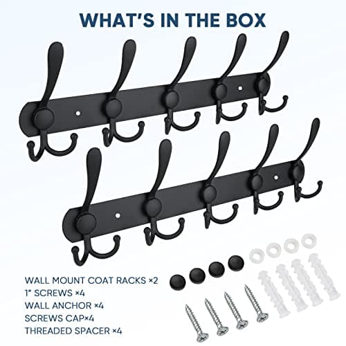 Wall Mounted Coat Rack with Five Tri Hooks (2-Pack) - Matte Black, Heavy Duty Metal Construction for Mudroom Entryway