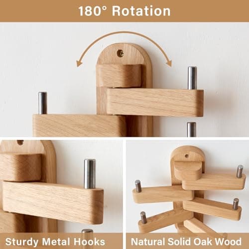 Natural Oak Swivel Coat Rack with 5 Arms for Wall (12") Kitchen Bedroom Bathroom
