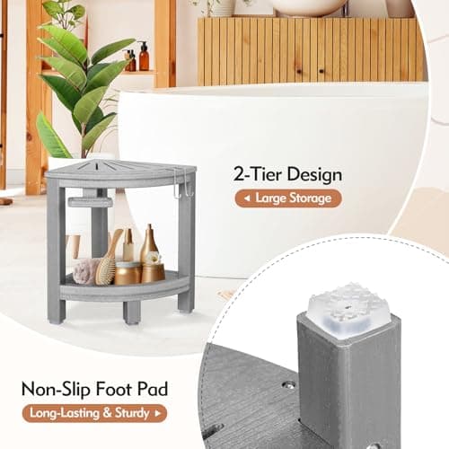 HDPE Non-Slip Grey Corner Shower Stool with Hooks & Soap Dish