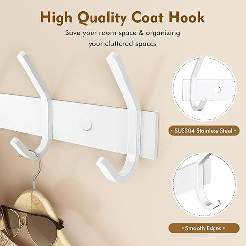 FANYITY 2 Pack White Wall Mount Coat Hook, 6 Dual Hooks for Entryway