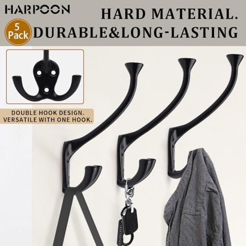 HARPOON 5 Pack Heavy Duty Three Flared Prongs Coat Hooks, Black