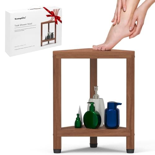 Teak Corner Shower Stool for Shaving Legs and Storage Shelf