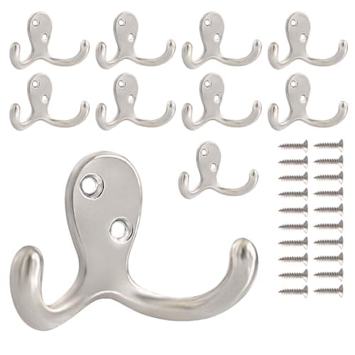 10 Pack Heavy Duty Wall Hooks for Coats, Bags, and Towels - Metal Double Prong (Black) — Silver-10pack