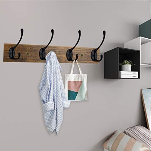 IBosins Brown Rustic Metal Wood Wall Mount Coat Rack (4 Hooks)