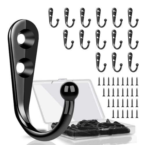 Black Metal Wall Hooks - 15pcs, Support Coats, Scarves, Keys - Includes 30 Screws